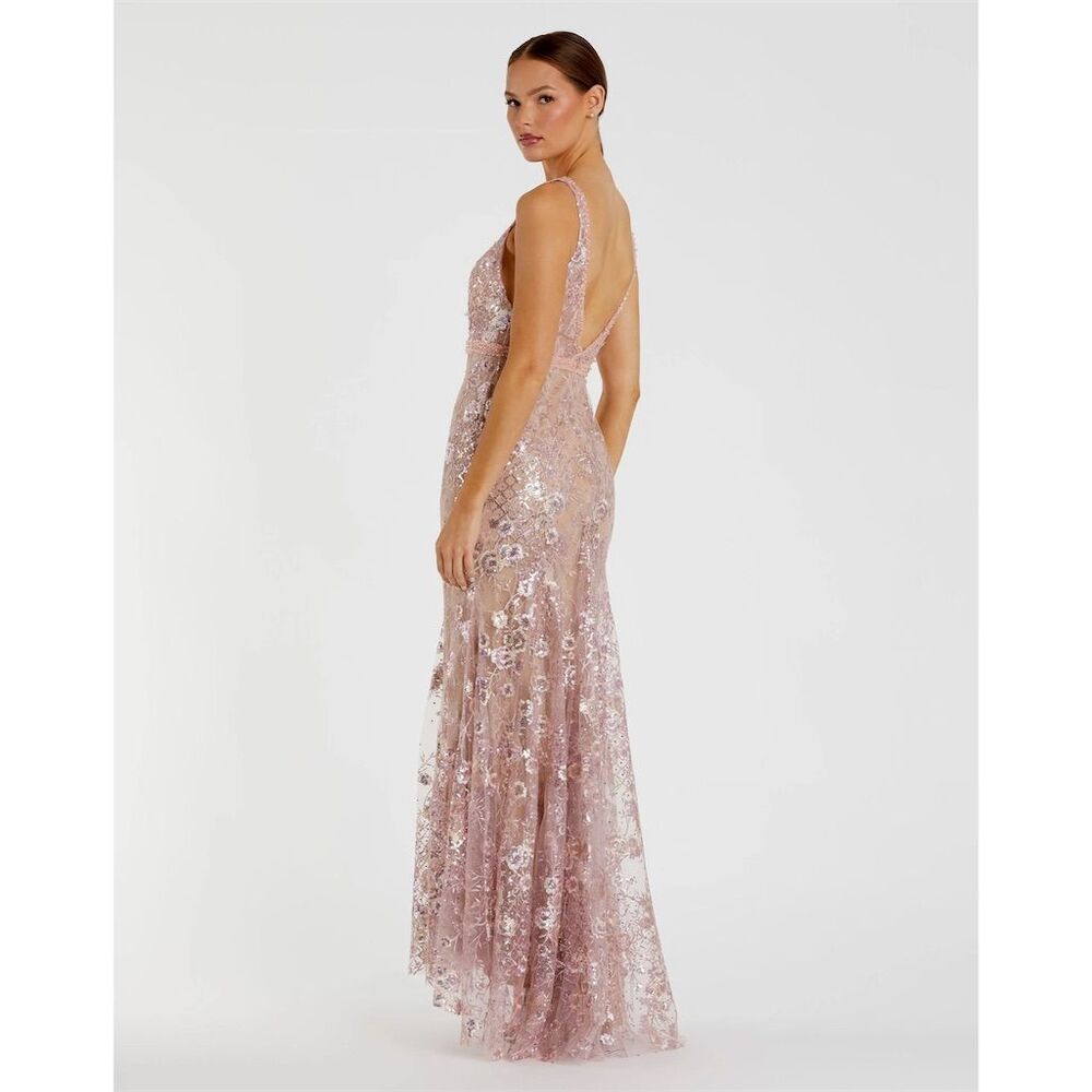 $598 Mac Duggal Women's Size 10 Pink Floral Embellished Sleeveless Gown - Picture 2 of 8